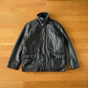 Columbia Sportswear Black Leather Jacket Stand Collar Zip Pockets Y2K Grunge M